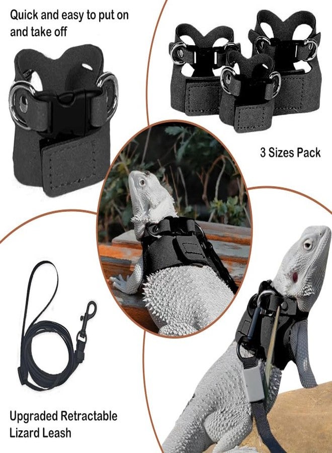 hokable Bearded Dragon Leash - 3 Sizes Pack Reptile Outing Adjustable Soft Leather Lizard Harness with Retractable Leash Small Animal Traction Rope Walking Vest Accessories for Bearded Dragon Leash（Black） - Image 4